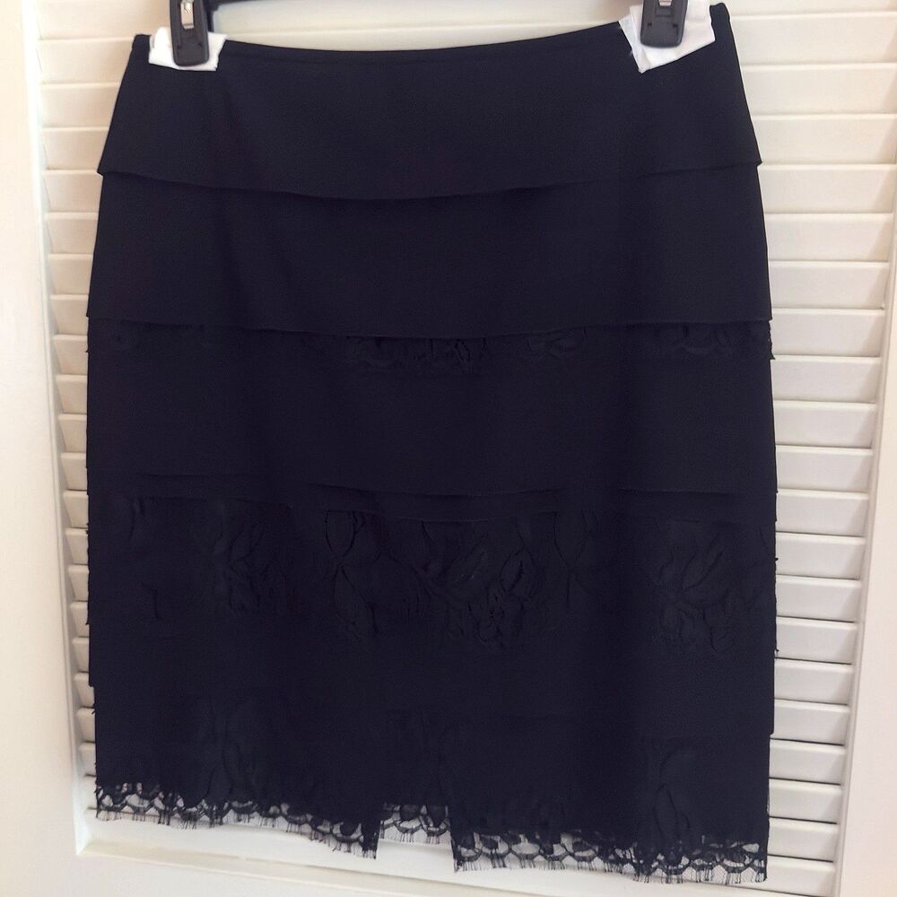 DKNY Black Wool Pencil Skirt  Tiered Lace Overlay Size 10 Lined Cocktail Career